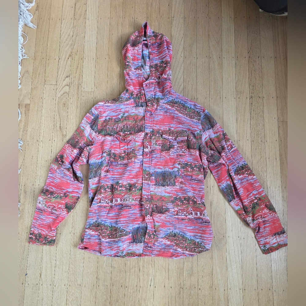 Smash Hawiian Print Button Up Lightweight Hoodie Shirt SIze M EUC